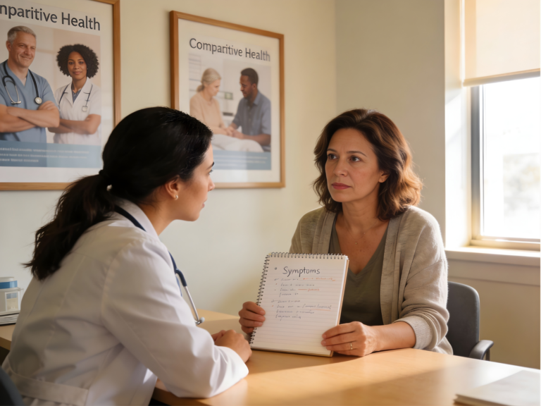 empowered midlife woman advocation for perimenopause symptons in medical appointment