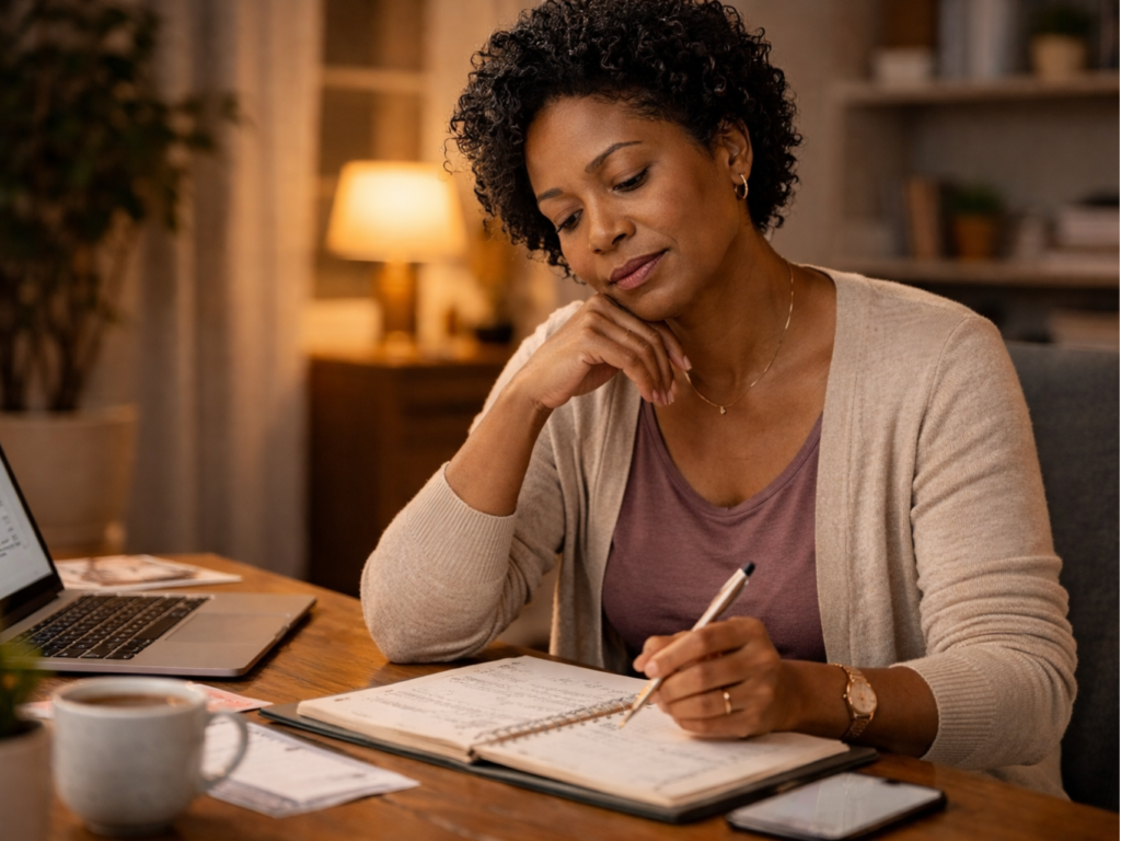Midlife woman working through perimenopause brain fog at her desk