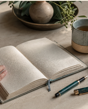 Notebook, glasses, and tea on a table